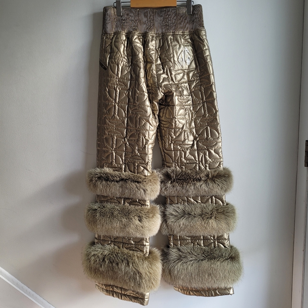Moose Knuckles Metallic Gold Quilted Ski Pants with Fur Trim - Picture 7 of 13